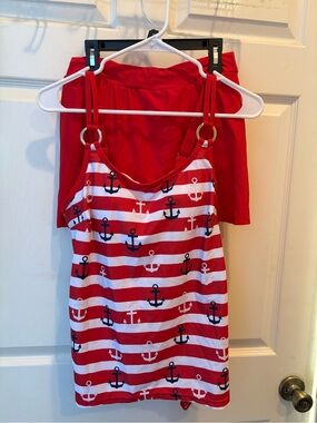 Red Nautical Anchor Striped Women's Bikini Tankini Top